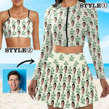 Custom Face Palm Tree Bikini Top&Bottom Women's Swim Skirt With Bottom Long Sleeve Zip Top