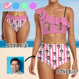 Custom Face Solid Color Bikini Top&Bottom Off Shoulder Ruffle Bikini Top High Waisted Bikini Bottom