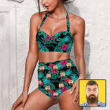 Custom Face Flowers Green Strap Personalized Two-piece Bikini Swimsuit