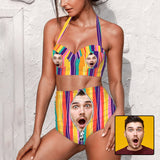 Custom Face In Zipper Rainbow Stripes Strap Personalized Two-piece Bikini Swimsuit