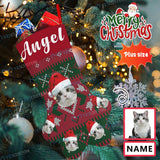 16.6in(L) Plus Size-Custom Pet Face Red And Green Background & Name Socks Paw Christmas Stocking Holiday Decor Gifts