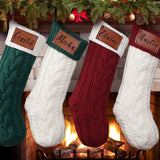 Custom Name Family Christmas Stockings Leather Patch Laser Engraved knitted Hanging Christmas Socks Ornaments