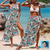 Custom Face Tropical Flowers Leaves Women's Long Cover Up Skirt With Slit Swimsuit Beach Wrap