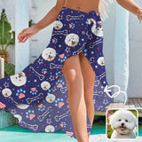 Custom Pet Face Cute Paws Navy Blue Long Cover Up Skirt With Slit Swimsuit Beach Wrap For Women For Friends For Lover