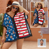 Custom Face Flag Women's Bikini Swimsuit Cover Up for Independence Day Personalized Cover Up Dress Women's Beachwear Cover Ups