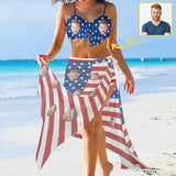 Custom Face American Flag Bikini&Cover Up Set Women's Chest Bow Bikini Long Cover Up Skirt With Slit