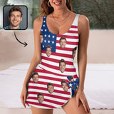 Custom Face American Flag Pattern Women's One Piece Skirted Swimsuit