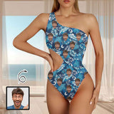 Custom Face Blue Leaves Women's Off Shoulder Side Cutout One Piece Swimsuit Personalized Photo Bathing Suit