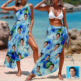 Custom Face Blue Tie Dye Women's Long Cover Up Skirt With Slit Swimsuit Beach Wrap