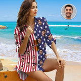 Custom Face Flag Vertical Stripes Chiffon Shirt Dress Thin Cover Up Personalized Women's V-Neck Bikini Beach Tunic Top