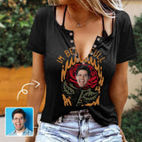 Custom Face Flower Black Ring Hole Short Sleeve V Neck T-shirt Personalized Women's All Over Print T-shirt Summer Tees Tops