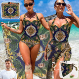 Custom Face Green Leaves Strap Personalized One-piece Retro Bikini Swimsuit & Beach Wrap Set Custom One Piece Bathing Suits