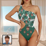 Custom Face Green Women's Off Shoulder Side Cutout One Piece Swimsuit Personalized Photo Bathing Suit
