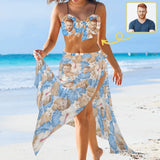 Custom Face Hawaiian Flowers Bikini&Cover Up Set Women's Chest Bow Bikini Long Cover Up Skirt With Slit
