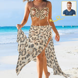 Custom Face Leopard Bikini&Cover Up Set Women's Chest Bow Bikini Long Cover Up Skirt With Slit