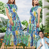 Custom Face Blue Leaves Women's Round Neck Pleated Elastic Waist Tiered Maxi Dress