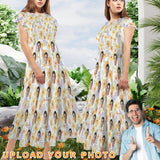 Custom Face Yellow Flowers Women's Round Neck Pleated Elastic Waist Tiered Maxi Dress