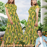 Custom Face Yellow Pineapple Women's Round Neck Pleated Elastic Waist Tiered Maxi Dress