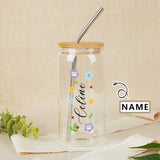 Custom Name Flowers and Leaf 17OZ Glass Cup with Bamboo Lid Personalized Coffee Cup Bridesmaid Wedding Gifts Favors