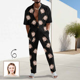 Custom Face Black Men's 2 Piece Linen Set Beach Pants and Shirt Set Summer Vacation Outfits for Men