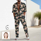 Custom Face Tropical Leaves Men's 2 Piece Linen Set Beach Pants and Shirt Set Summer Vacation Outfits for Men