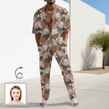 Custom Face Yellow Leaf Men's 2 Piece Linen Set Beach Pants and Shirt Set Summer Vacation Outfits for Men