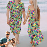 Couple Hawaiian Dress Set Cruise Outfit Custom Face Colorful Flower Hawaiian Shirt Set&Dress