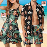 Couple Hawaiian Dress Set Cruise Outfit Custom Face Green Tropical Leaves Hawaiian Shirt Set&Dress