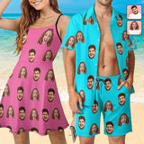 Couple Hawaiian Dress Set Cruise Outfit Custom Face Multicolor Hawaiian Shirt Set&Dress