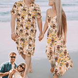 Couple Hawaiian Dress Set Cruise Outfit Custom Face Orange Hawaiian Shirt Set&Dress