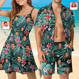 Couple Hawaiian Dress Set Cruise Outfit Custom Face Red Flowers Hawaiian Shirt Set&Dress