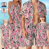 Family Hawaiian Dress Set Cruise Outfit Custom Face Floral Pink Hawaiian Shirt Set&Dress