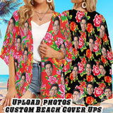 Custom Face Big Flowers Personalized Women's Kimono Chiffon Cover Up Gift
