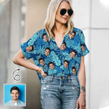 Custom Face Blue Leaves Women's Hawaiian Shirts All Over Print V Neck Short Sleeve Shirt Gift for Girlfriend Wife