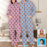 Custom Face Pink and Blue Unisex Adult Hooded Onesie Jumpsuits with Pocket Personalized Zip One-piece Pajamas for Couple Valentine's Day Gift
