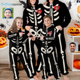 Halloween Custom Face Bones Family Hooded Onesie Jumpsuits with Pocket Personalized Zip One-piece Pajamas for Adult kids
