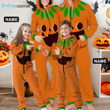 Halloween Custom Name Pumpkin Family Hooded Onesie Jumpsuits with Pocket Personalized Zip One-piece Pajamas for Adult kids