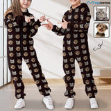 Custom Pet Face Unisex Jumpsuits Zip Up Hoodie Onesie with Pockets for Kids Boys Girls