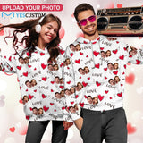 Custom Face Red Heart Love Hoodie Designs Personalized Couple Face Unisex Loose Hoodie with Pictures Custom Hooded Pullover Top Plus Size for Him Her