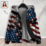[Thick and Warm]Custom Face American Flag Full Zip Hoodie Double Layer Fleece Thickened Jacket