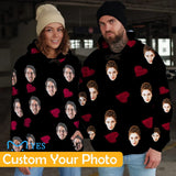[High Quality] Custom Face Red Heart Cool Hoodie Designs Personalized Face Unisex Loose Hoodie Custom Hooded Pullover Top Plus Size for Him Her