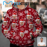 [Thickened Fabric] Custom Face Christmas SnowflakeRed Hat Men's Fleece Thickened Hoodies Personalized Turtleneck Pullover Hooded Design Your Own Hoodie