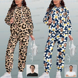 Custom Face Leopard Flower Hoodie Sweatpant Set Personalized Unisex Loose Hoodie Top Outfits
