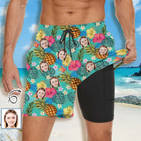 Custom Face Pineapple Green Leaves Men's Quick Dry 2 in 1 Surfing & Beach Shorts Male Gym Fitness Shorts