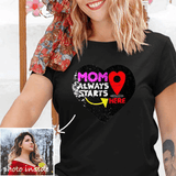 Custom Photo DIY Heart Flip Sequin T-shirt Mom Always Start Here Unisex Shirt Cotton Sequin Tee Mother's Day Gifts