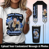 Custom Photo&Name Bling Blue Graduation T-shirt and Matching Stole and Car Cup Set Class of 2024 Graduation Gift