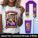 Custom Photo&Name Purple Frame Graduation T-shirt and Matching Stole and Car Cup Set Class of 2024 Graduation Gift