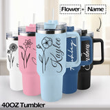 Custom Your Name Flower 40oz Stainless Steel Travel Tumbler with Handle and Straw Lid Large Capacity Car Cup