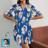 Custom Face Flower Blue Satin Nightgown For Women Silk Nightshirt Button Down Pajamas Dress Boyfriend Sleepshirt S-3XL