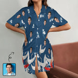 Custom Face Red-crowned Crane Blue Satin Nightgown For Women Silk Nightshirt Button Down Pajamas Dress Boyfriend Sleepshirt S-3XL